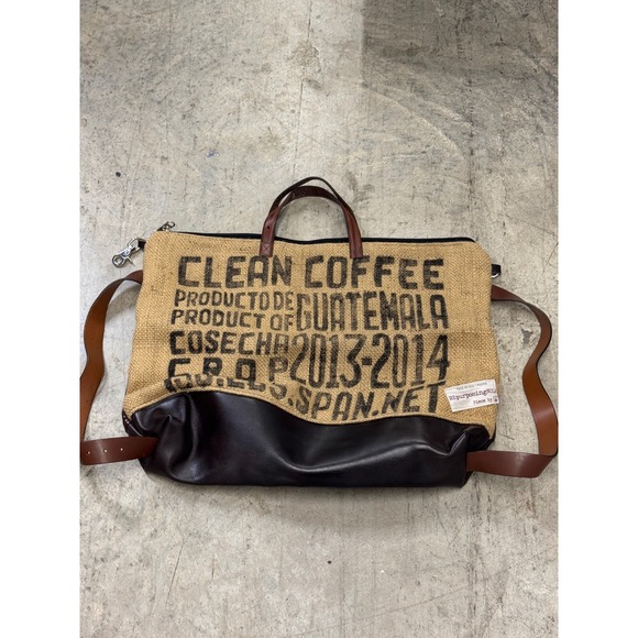 RepurposingNOLA Clean Coffee Tote Bag Guatemala Burlap Leather Shoulder Purse - Picture 1 of 12